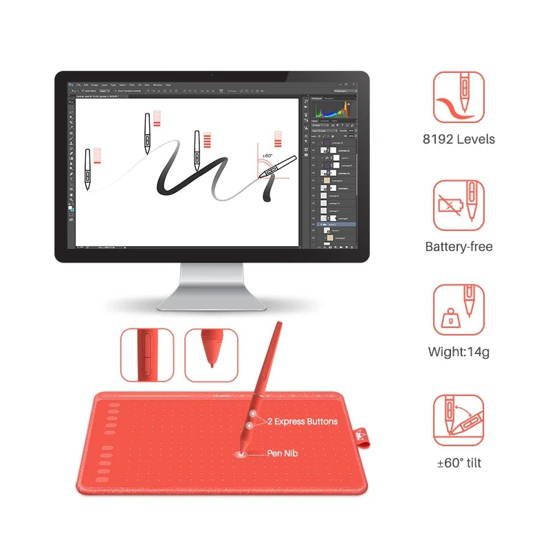 HUION HS611 Graphics Tablet Pen Digital Drawing Tablets 3 Color Multimedia Keys Media Bar Battery-Free Stylus with Tilt Function