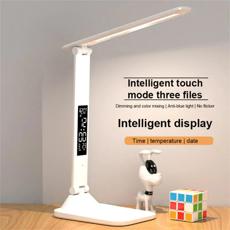 USB Dimmable LED Table Lamp Touch Folding Table Lamp with Calendar Temperature Clock Night Light for Study Reading Lamp