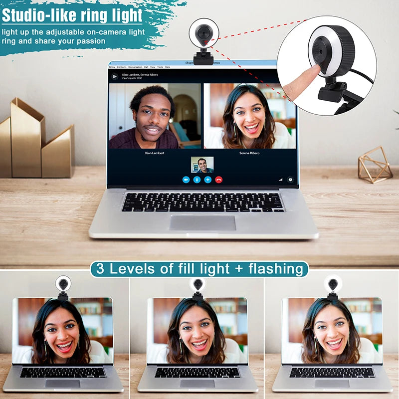 Portable Full HD 1080P 2K 4K Webcam PC Laptop Auto Focus Webcam Live Streaming Flexible with Microphone Live Broadcast withLight