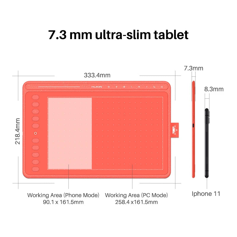 HUION HS611 Graphics Tablet Pen Digital Drawing Tablets 3 Color Multimedia Keys Media Bar Battery-Free Stylus with Tilt Function