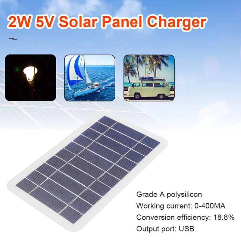 2W Solar Panel With USB Waterproof Outdoor Hiking And Camping Portable Battery Mobile Phone Charging Bank Charging Panel 5V