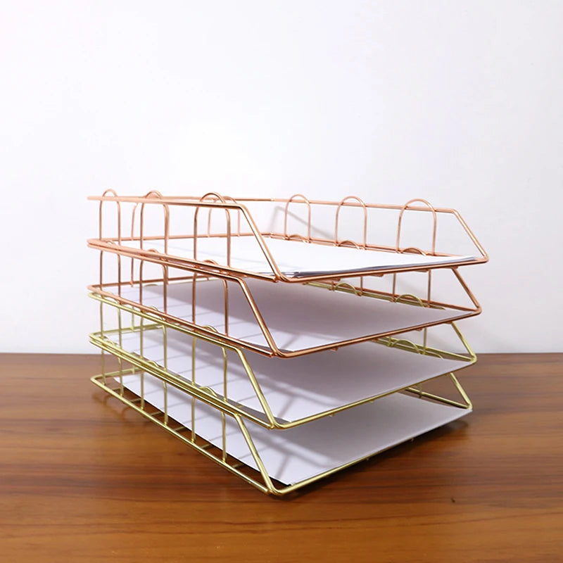 1pcs Metal Stackable Paper Tray Desk Organizer Rose Gold Metal Letter Trays for File Paper Organizer Desk Organizer