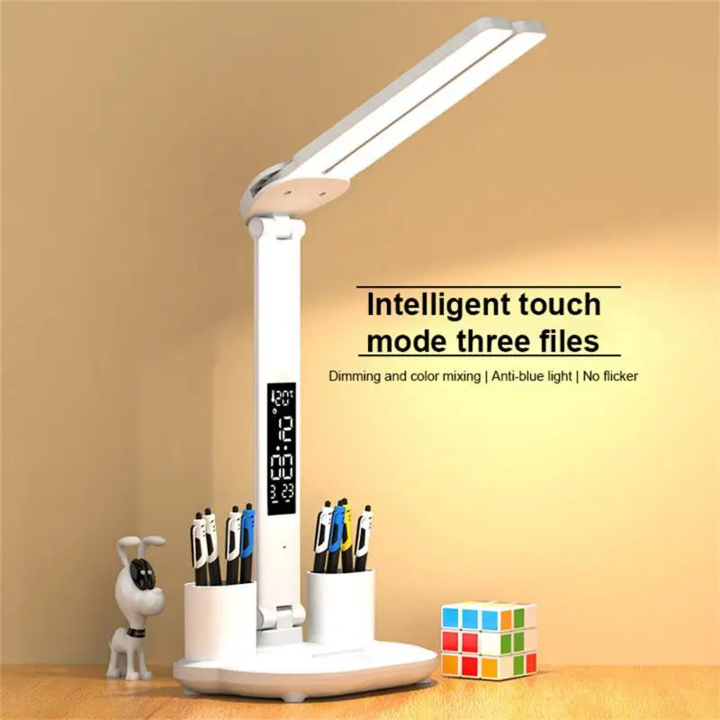 USB Dimmable LED Table Lamp Touch Folding Table Lamp with Calendar Temperature Clock Night Light for Study Reading Lamp