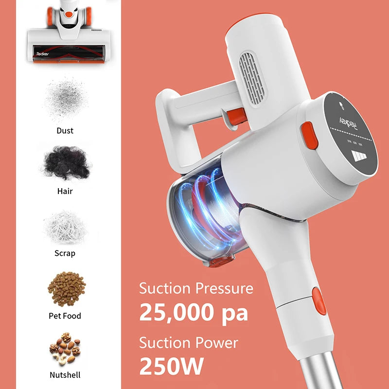 Redkey P8 Cordless Vacuum Cleaner 250W 25Kpa Powerful Suction, LED Headlight & Display, 30min Long Runtime Detachable Battery