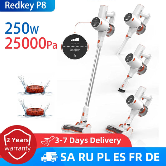 Redkey P8 Cordless Vacuum Cleaner 250W 25Kpa Powerful Suction, LED Headlight & Display, 30min Long Runtime Detachable Battery