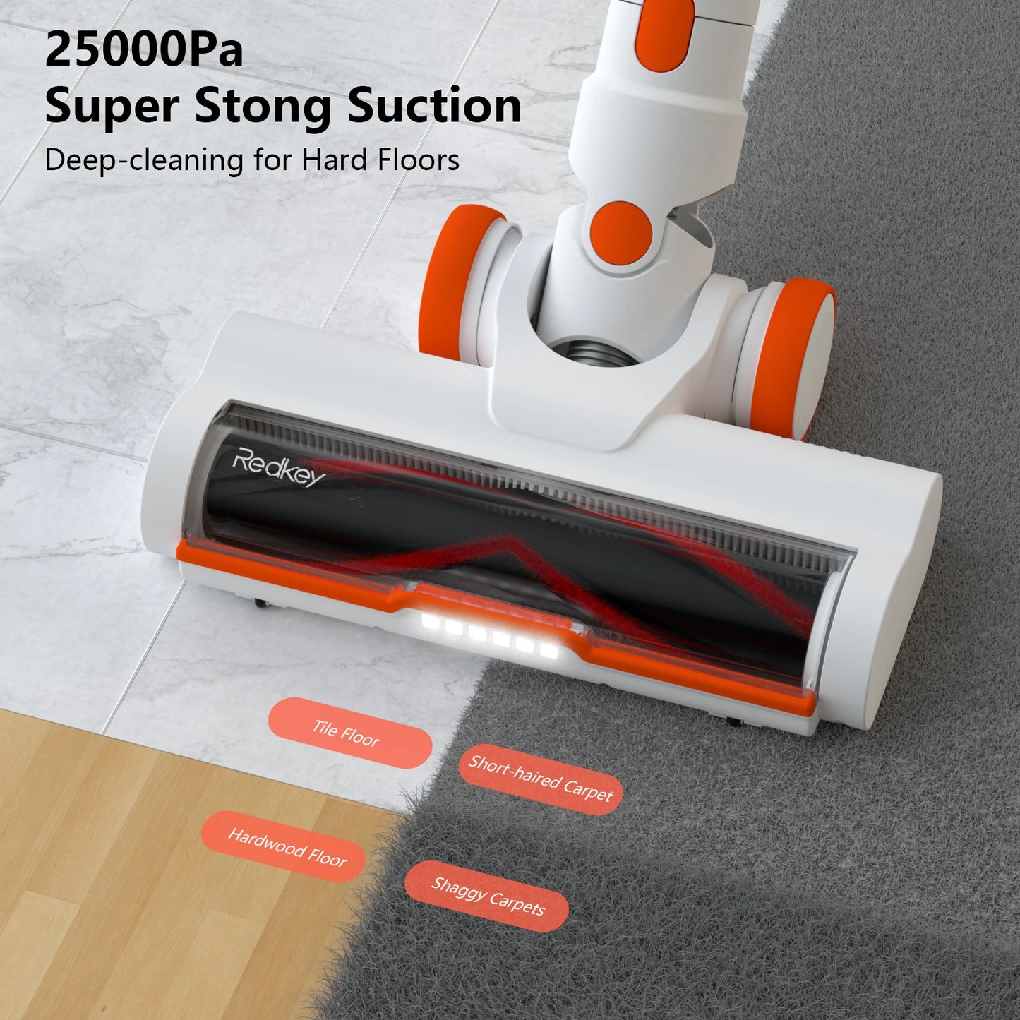 Redkey P8 Cordless Vacuum Cleaner 250W 25Kpa Powerful Suction, LED Headlight & Display, 30min Long Runtime Detachable Battery