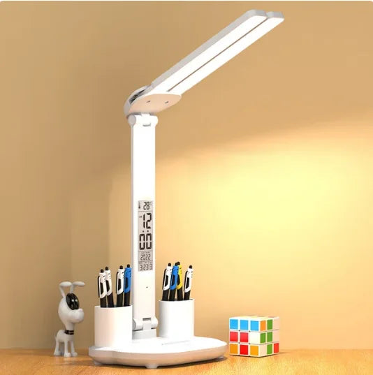 USB Dimmable LED Table Lamp Touch Folding Table Lamp with Calendar Temperature Clock Night Light for Study Reading Lamp